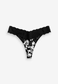 Zwarte kanten string met bloemenprint op de stof. Heeft een geschulpte kanten tailleband en een zachte, lichte textuur.