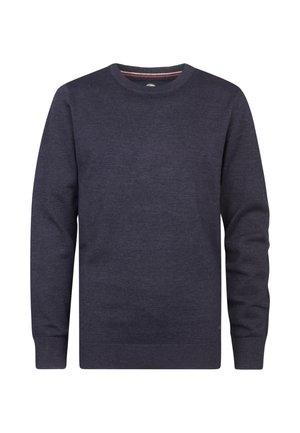 Pull à col rond bleu marine foncé en maille douce. Présente des poignets et un ourlet côtelés, avec une finition texturée subtile.