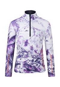 Langermige top met een witte basis, waarop paarse bergen en dorpillustraties staan, een ritskraag en een oranje accent op één mouw.