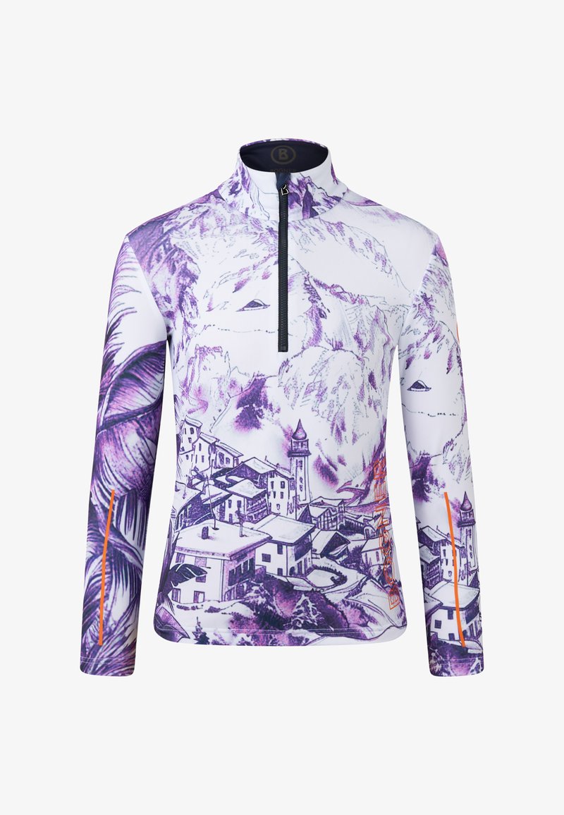 Langærmet top med en hvid base, der har illustrationer af lilla bjerge og landsbyer, lynlåskrave og orange detalje på den ene ærme.