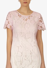 Spitzenkleid in Hellrosa mit Blumenmuster, kurzen Ärmeln, rundem Halsausschnitt und taillierter Passform. Texturierte Überlagerung verleiht Tiefe und Detail.