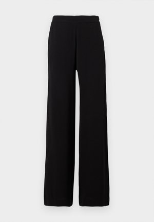 Black wide-leg pants with elastic waistband, made from smooth fabric, displayed against a plain light background.