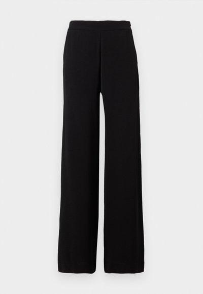 Black wide-leg pants with elastic waistband, made from smooth fabric, displayed against a plain light background.