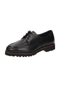Scarpe nere in pelle con finitura liscia, punta arrotondata, allacciatura e suola in gomma testurizzata con battistrada a profilo basso.
