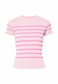 Svijetlo ružičasti rebrasti pleteni top s kratkim volanima, ukrašen horizontalnim prugama u tamnijoj ružičastoj boji. Prilagođen dizajn s okruglim izrezom.
