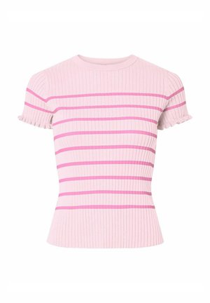 Gaiši rozā ribots adīts tops ar īsām volānu piedurknēm, ar horizontālām līnijām tumšāk rozā krāsā. Pieguļošs dizains ar apaļu kakla izgriezumu.