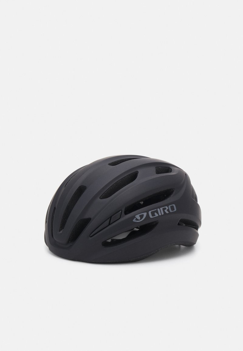 Casque de cyclisme Giro noir avec un design aérodynamique, plusieurs ouvertures de ventilation et une finition mate. Présente un détail de logo sur le côté.