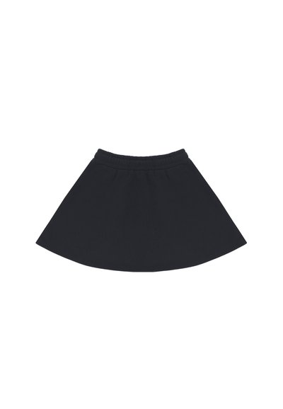 Gonna a trapezio nera realizzata in tessuto morbido, con una vita elasticizzata, forma a campana e texture liscia. Adatta per un abbigliamento casual.