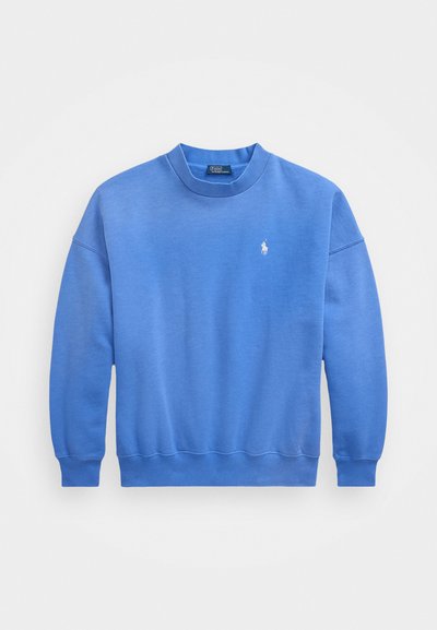 Modra majica s kapuco, izdelana iz mešanice mehkega bombaža, z okroglim izrezom, dolgimi rokavi, rebrastimi manšetami in majhnim logotipom vezenim na prsih.