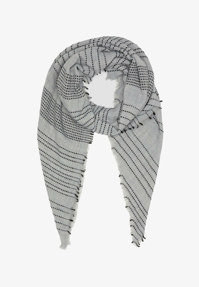Écharpe triangulaire grise avec des rayures noires en pointillés et en tirets, tissu doux et bords effilochés.