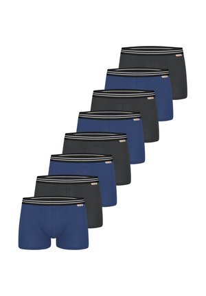 Siedem par męskich bokserów na przemian w kolorze ciemnoniebieskim i ciemnoszarym, z czarnymi paskami w talii, ozdobionymi białymi paskami i małymi metkami.