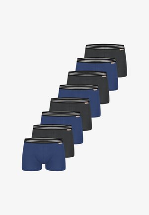 Syv par herreboksershorts i skiftevis mørkeblå og mørkegrå med sorte elastikkanter med hvide striber og små mærker.