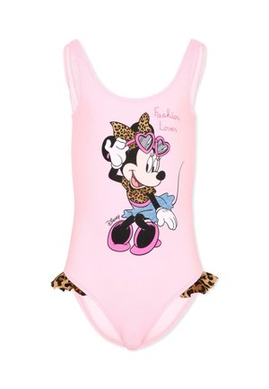 Costume da bagno rosa per bambina con Minnie Mouse che indossa un fiocco con stampa leopardata e occhiali da sole a forma di cuore, con la scritta "Fashion Lover" e rifinitura leopardata.