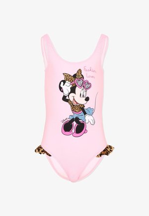Costume da bagno rosa per bambina con Minnie Mouse che indossa un fiocco con stampa leopardata e occhiali da sole a forma di cuore, con la scritta "Fashion Lover" e rifinitura leopardata.
