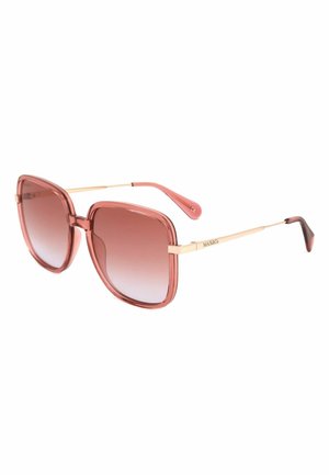 Occhiali da sole quadrati con lenti sfumate rosa e sottili aste dorate, con punte in plastica rosa e marchio "MAX&Co" sulle aste.