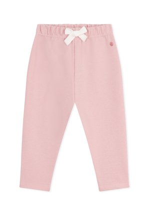 Pantalones suaves de color rosa para niños pequeños con cintura elástica y un pequeño lazo blanco atado en el centro delantero, hechos de tela suave.