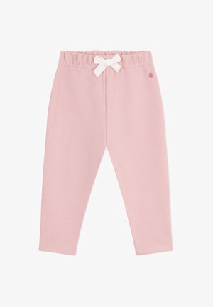 Zachte roze peuterbroek met elastische tailleband en klein wit strikje gebonden aan de voorkant in het midden, gemaakt van gladde stof.