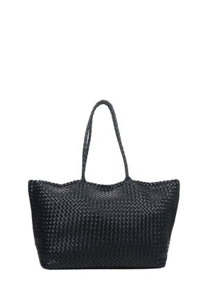 Black woven tote bag with two braided handles, rectangular base, and slightly curved top edge.