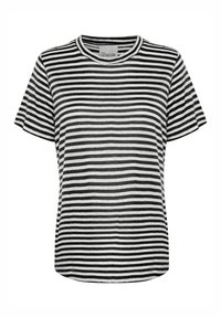 Black and white striped short-sleeve t-shirt with a round neckline and soft, lightweight fabric. Straight hem with a relaxed fit.