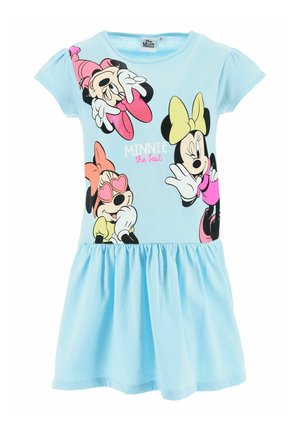 Light blue short-sleeve dress with three colorful Minnie Mouse illustrations and the text "MINNIE the best" on the front.