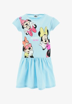 Light blue short-sleeve dress with three colorful Minnie Mouse illustrations and the text "MINNIE the best" on the front.