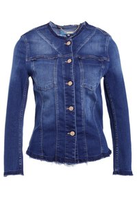 Jeansjacka i mörkblå med långa ärmar, knäppning fram, två bröstfickor och fransad nederkant. Har guldfärgade knappar och råa kanter.
