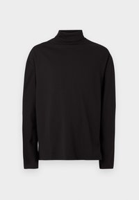 Maglione a collo alto nero a maniche lunghe realizzato in tessuto morbido e liscio, con una vestibilità comoda e senza motivi o accenti visibili.