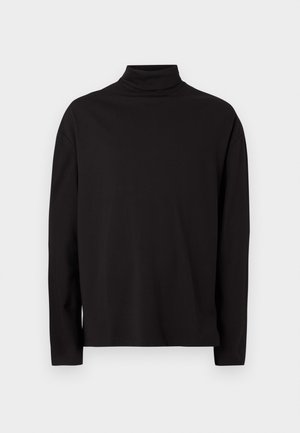 Black turtleneck long-sleeve top made of soft, smooth fabric with a relaxed fit and no visible patterns or accents.