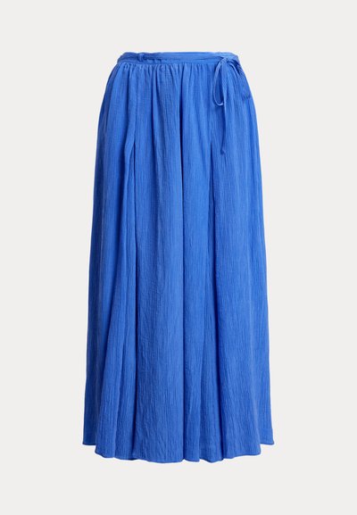 Blue, tiered maxi skirt made of textured fabric with a gathered waistband and adjustable tie. Fluid silhouette with subtle pleats.