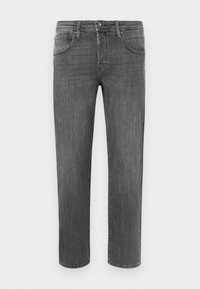 Γκρι τζιν από τζιν ύφασμα με ίσια γραμμή, πέντε τσέπες, εμφανή ραφές και ελαφρώς ξεθωριασμένη όψη. Κουμπί στη μέση και κλείσιμο με φερμουάρ.