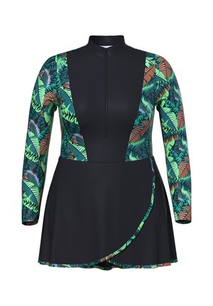 Dlouhé rukávy plavek s černým tělem, s zelenými a hnědými tropickými listovými vzory na rukávech a bocích. Obsahuje přední zip a sukni.