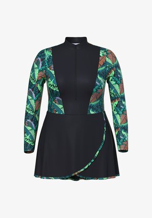 Dlouhé rukávy plavek s černým tělem, s zelenými a hnědými tropickými listovými vzory na rukávech a bocích. Obsahuje přední zip a sukni.