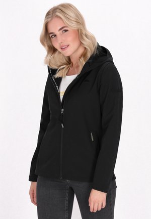 Veste zippée noire avec capuche, fabriquée en tissu lisse. Dotée de poches avant et d'un logo subtil sur la manche. Design simple et fonctionnel.