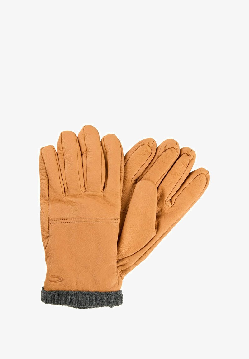 Læderhandsker i varm tan-farve med en struktureret overflade. Manchetterne har et ribbet gråstrikket detaljer. Fem-fingers design.