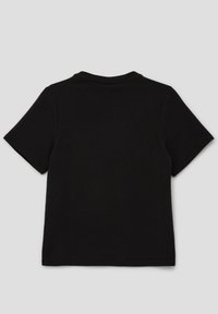 Juoda trumpa rankovė t-shirt su apvalia iškirpte, pagaminta iš lygaus medvilninio audinio. Nugarėlėje yra paprastas dizainas be papuošimų.