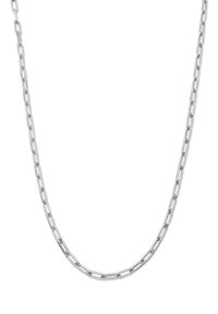 Collar de cadena de plata con eslabones alargados, que presenta un acabado liso y pulido. El diseño es simple y elegante, sin adornos adicionales.