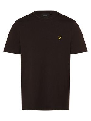 Schwarzes Baumwoll-T-Shirt mit Rundhalsausschnitt, kurzen Ärmeln und einem kleinen, gelben, gestickten Logo auf der linken Brust. Einfaches, schlichteres Design.