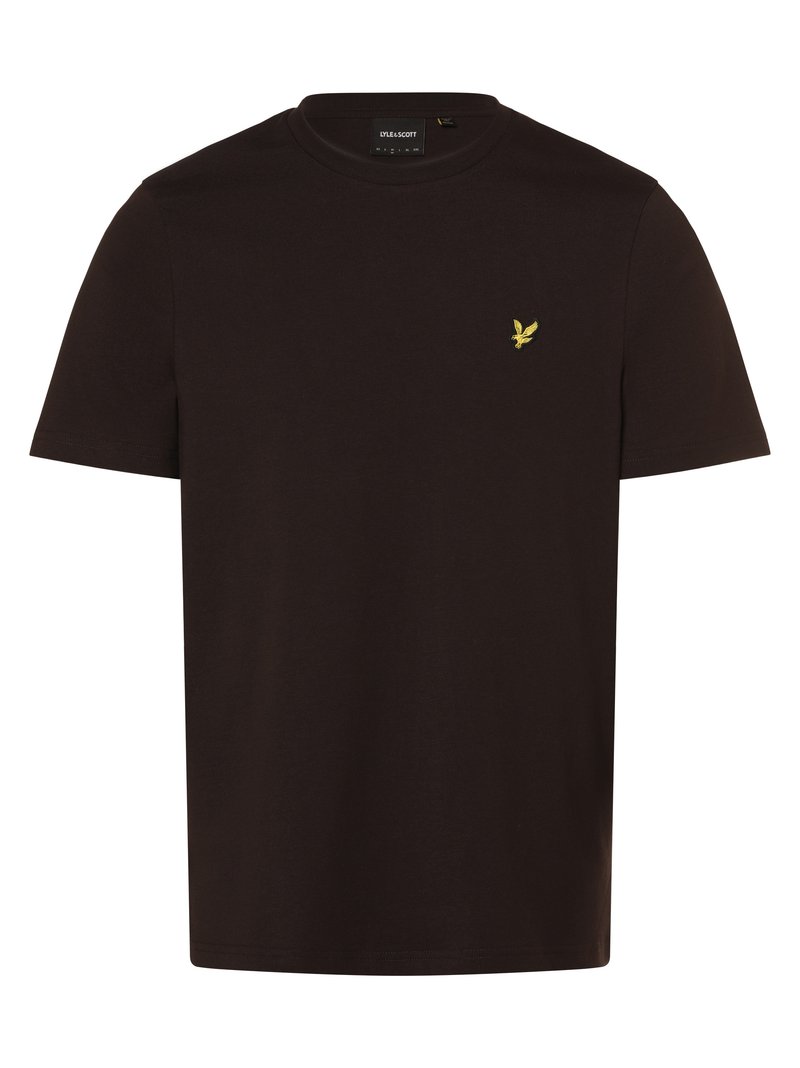 Schwarzes Baumwoll-T-Shirt mit Rundhalsausschnitt, kurzen Ärmeln und einem kleinen, gelben, gestickten Logo auf der linken Brust. Einfaches, schlichteres Design.