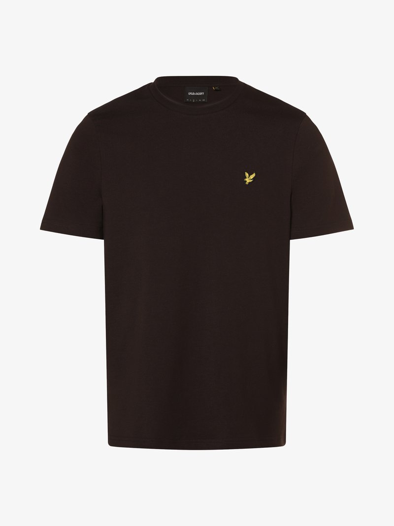 Camiseta de algodón negra con cuello redondo, mangas cortas y un pequeño logo bordado en amarillo en el lado izquierdo del pecho. Diseño simple y sólido.
