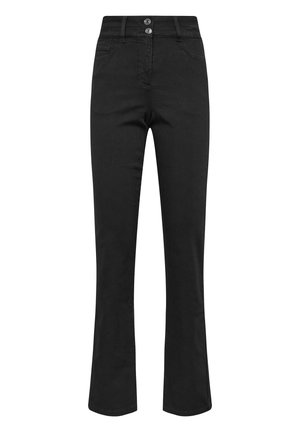 Zwarte flare jeans van denim, met een hoge taille, sluiting met twee knopen, voorzakken en een gladde textuur.