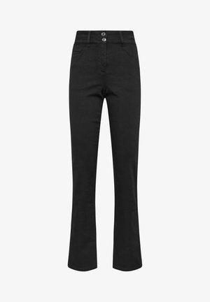 Zwarte flare jeans van denim, met een hoge taille, sluiting met twee knopen, voorzakken en een gladde textuur.