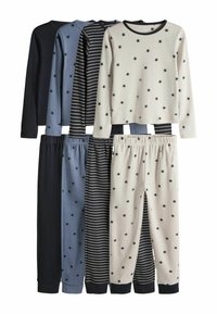 Set van vier pyjama's met lange mouwen en broeken. Kleuren zijn marineblauw, lichtblauw en crème met sterrenpatronen en strepen.