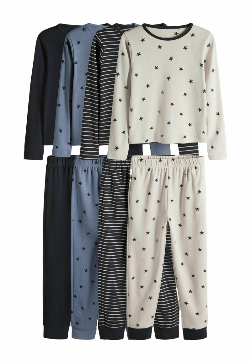 Set van vier pyjama's met lange mouwen en broeken. Kleuren zijn marineblauw, lichtblauw en crème met sterrenpatronen en strepen.