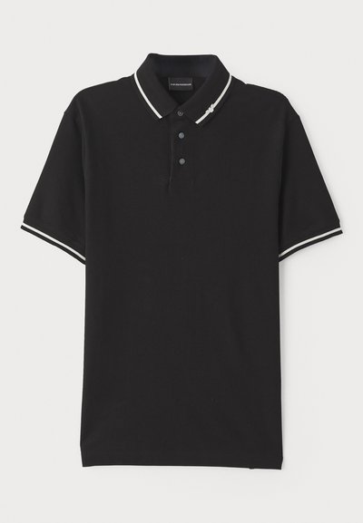 Black polo shirt made of cotton with a collar, three-button placket, and white trims on sleeves. Smooth texture and standard fit.