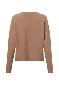 Pruun soonikkoes kampsun, millel on pikad varrukad, ümar kaelus ja sirge ääreosa ning keskel tagaküljel õmblusdetail.