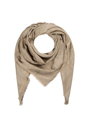Foulard triangulaire beige avec un motif subtil et des bords effilochés, drapé en cercle de manière lâche sur fond blanc.