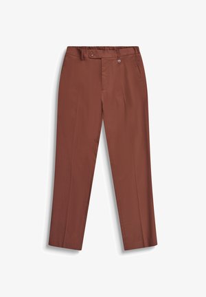 Bruine, op maat gemaakte broek met knoop- en ritssluiting, riemlussen, zijzakken en een rechte pijp.