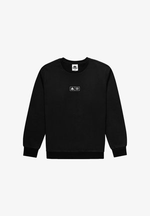 Felpa nera in cotone con scollo rotondo e maniche lunghe. Presenta una piccola toppa con logo sul davanti e polsini e orlo a costine.