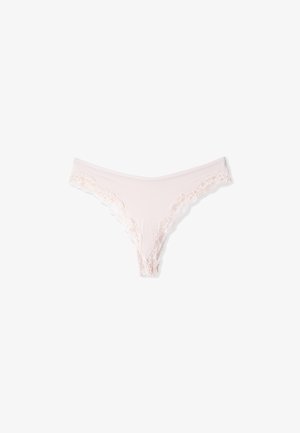 Perizoma da donna rosa chiaro con rifiniture in pizzo floreale lungo la fascia in vita e gli orli delle gambe, mostrato disteso su sfondo bianco.
