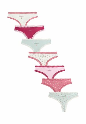 Sieben Paar Damenunterhosen in verschiedenen Farben: rosa, weiß und mintgrün, mit Spitzenbesatz, Blumenmustern und Wochentagsbeschriftungen.